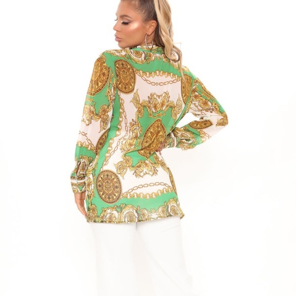 NWT Fashion Nova Crunching The Numbers Printed Shirt - Green/combo Size L - Picture 4 of 15